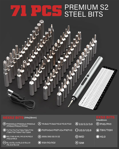 Juego de destornilladores eléctricos de precisión 75 en 1 con 71 puntas magnéticas Phillips/Torx y 3 luces LED, herramienta multifuncional de reparación eléctrica.