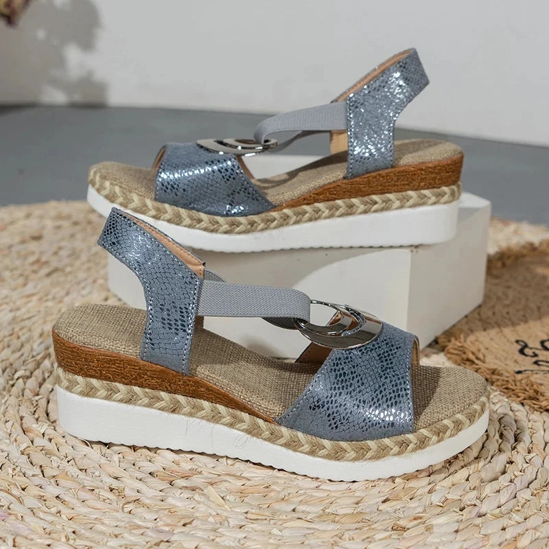 Metal Decoration Women's Wedges Sandals 2024 Summer Snake Print Platform Gladiator Shoes Woman Comfort Casual Med Heels Sandals