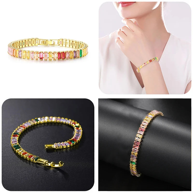 Pulseras de tenis de cristal arcoíris para mujer, color plata Kpop, regalos para amigas, cadena de brazalete de circonitas coloridas, joyería para la mano H167-M