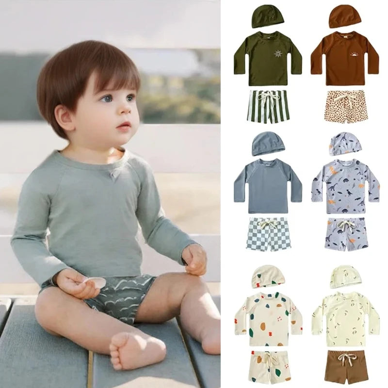 2025 Summer Baby Boys Swimsuit Long Sleeves One Piece Swimwear for Kids Toddler Cartoon UPF50+ Rash Guards Infant Bathing Sui