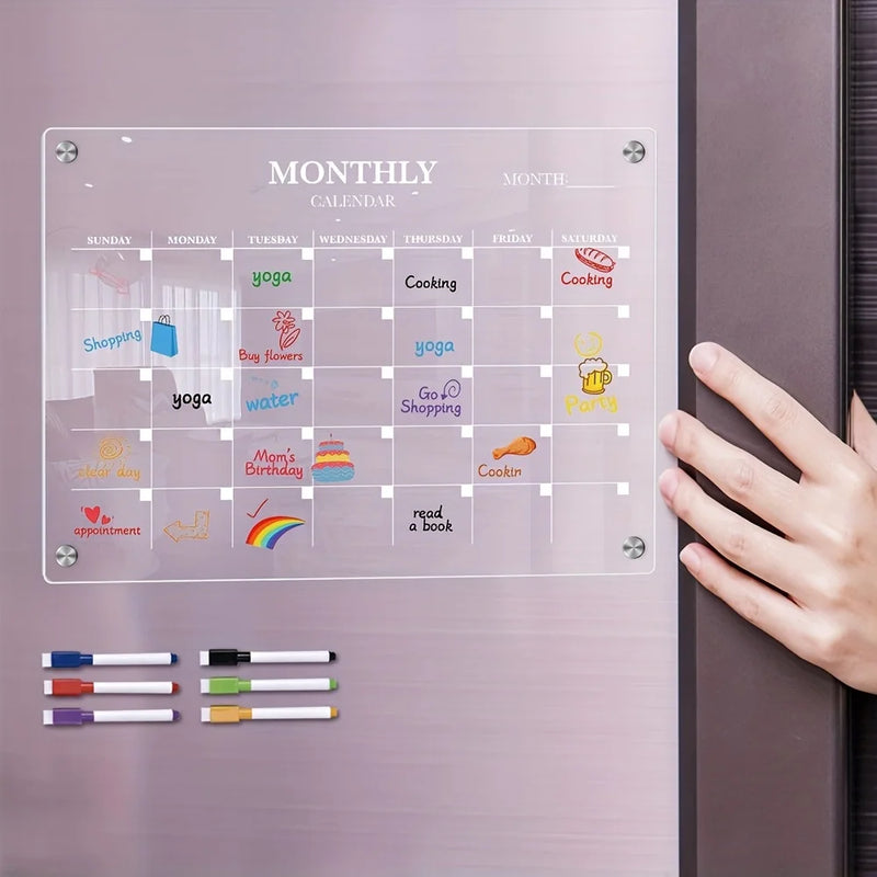 Magnetic Acrylic Dry-Erase Calendar-Clear Planner for Fridge, Ideal Kitchen Organizer for Home & Office with Marker Pen Included