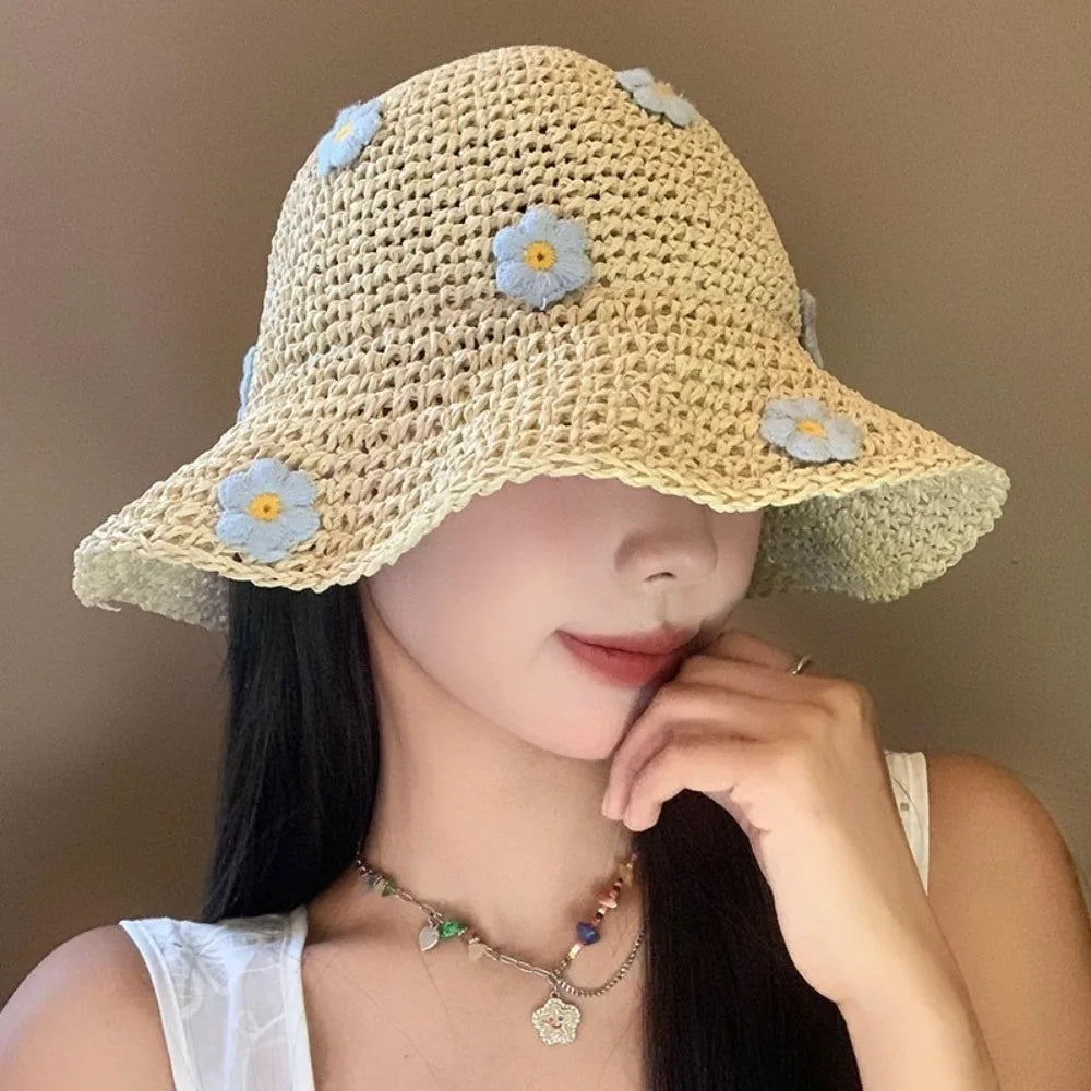 Lovely Foldable Straw Hat Sun Protection UV Protection Panama Cap Little Flowers Breathable Fisherman Cap Summer Bucket Hat