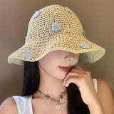 Lovely Foldable Straw Hat Sun Protection UV Protection Panama Cap Little Flowers Breathable Fisherman Cap Summer Bucket Hat