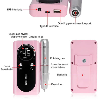 2024 Original 45000RPM Rechargeable Nail Drill Machine with LCD Low Noise Professional Nail Polish Sander Nails Accessories Set