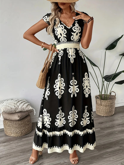 Plus size feminino elegante decote em v maxi vestido padrão geométrico manga curta saia plissada poliéster casual passeio