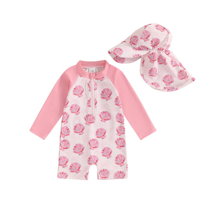 Trajes de baño de verano para niñas y niños pequeños, de manga larga, con estampado floral/tropical, con cremallera y sombrero.