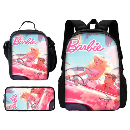 Cartoon Dolls 3 pcs set Child School Backpack with Lunch Bags Pencil Bags B-Barbies School Bags for Boys Girls Best Gift