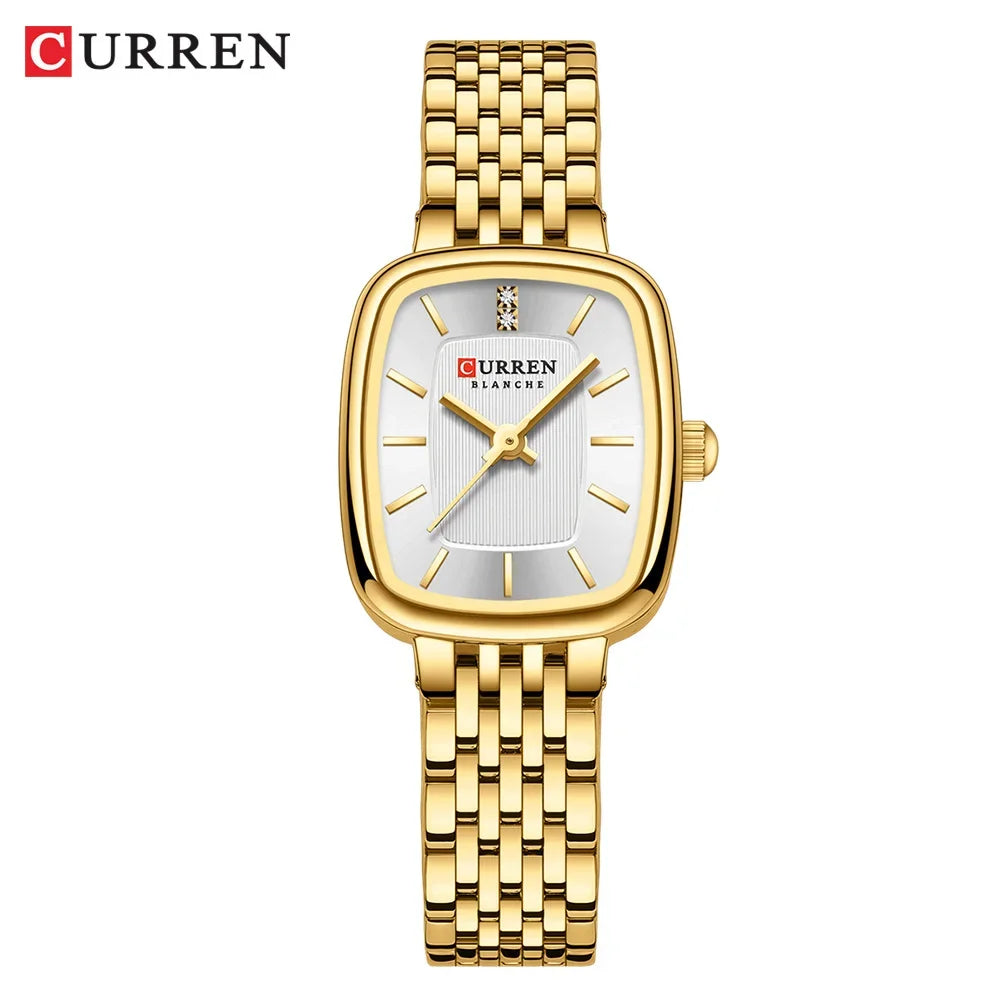 Relógio feminino quadrado dourado em aço inoxidável com calendário