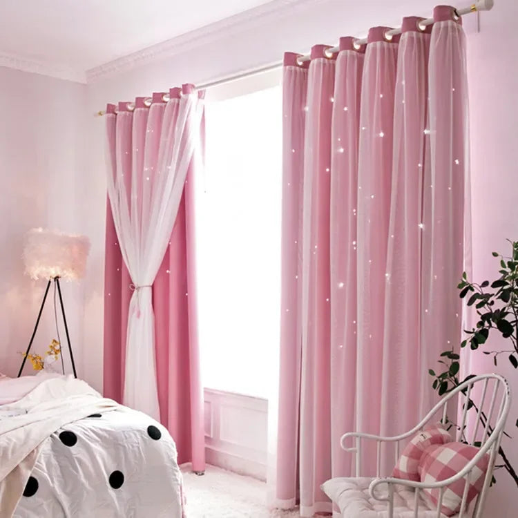 Kids Girls Bedroom Pink Curtains Star Cutout Blackout with White Sheer Pastel Nursery Window Curtain Panels for Living Room Home