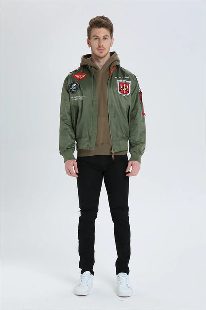 High Quality Military Fashion Casual Boy Youth Lightweight Top Gun Patch Embriodey Streetwear Ma1 Satin Flight Bomber Jacket Men