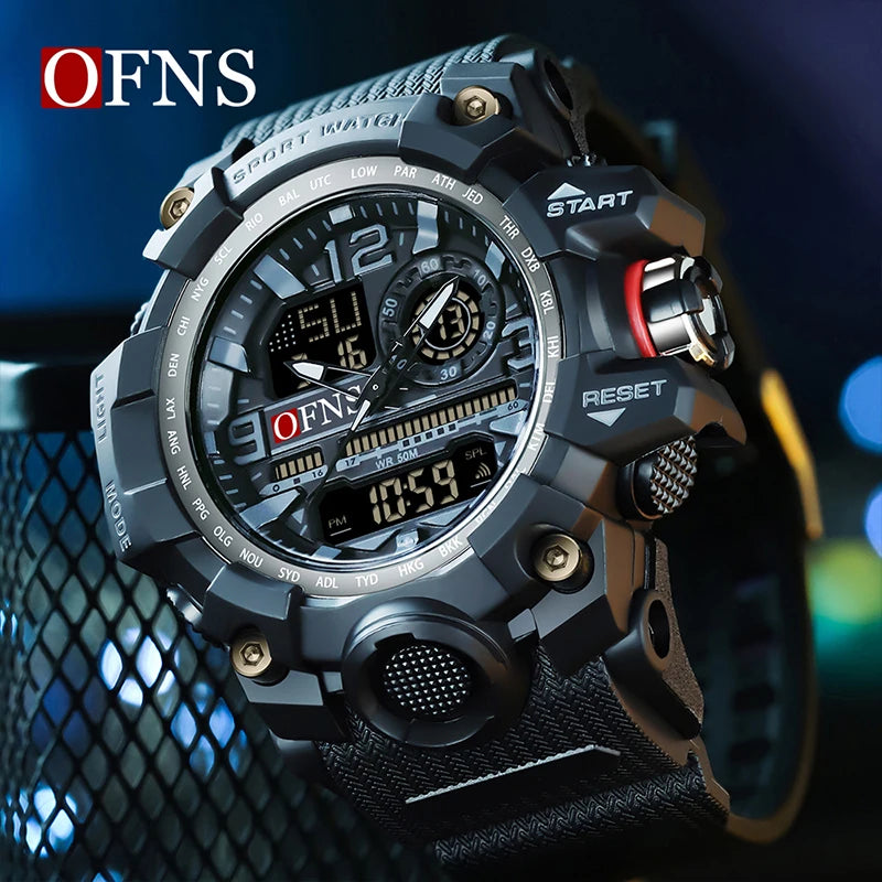 OFNS - Reloj de lujo estilo G para hombre, resistente al agua hasta 50 m, multifunción, deportivo, militar, de cuarzo, con LED digital