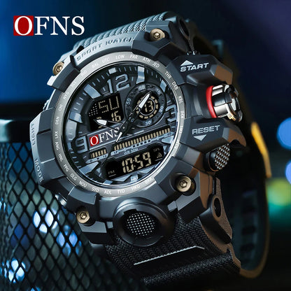 OFNS - Reloj de lujo estilo G para hombre, resistente al agua hasta 50 m, multifunción, deportivo, militar, de cuarzo, con LED digital