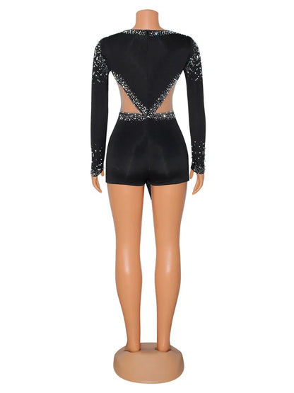 Women Sexy Rompers V-Neck Mesh Rhinestone Skinny Long Sleeve Playsuits