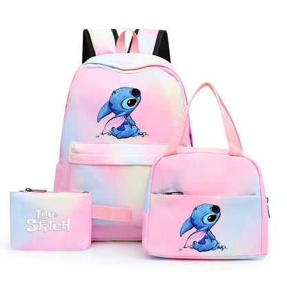 3pcs Disney Lilo Stitch Colorful Backpack with Lunch Bag for Women Student Teenagers Rucksack Casual School Bags Sets