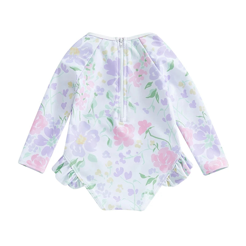 Traje de baño de verano para niñas pequeñas, estampado floral, sin espalda, con volantes, manga larga, ropa de playa para niñas de 0 a 4 años