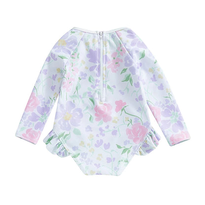 Traje de baño de verano para niñas pequeñas, estampado floral, sin espalda, con volantes, manga larga, ropa de playa para niñas de 0 a 4 años