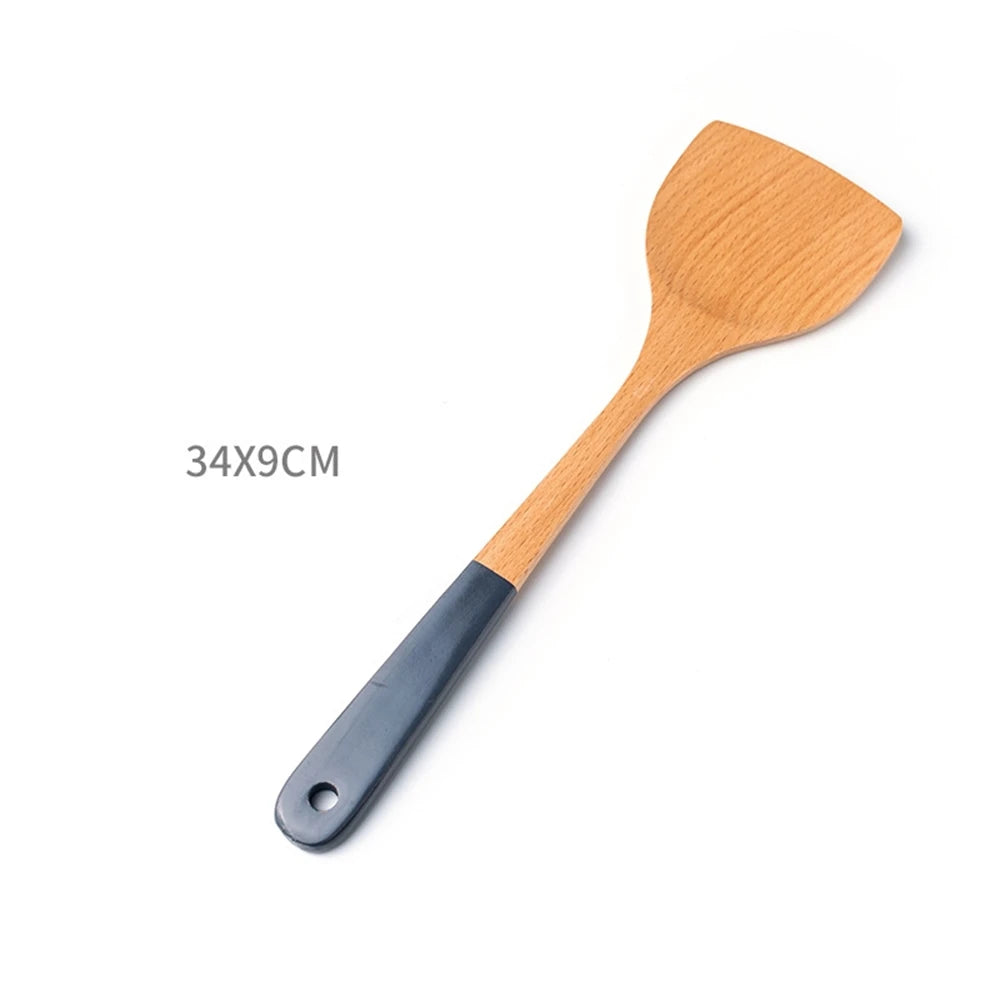 Espátula de madera con mango largo para cocinar, antiadherente, para saltear, resistente al calor, para el hogar, accesorio de cocina