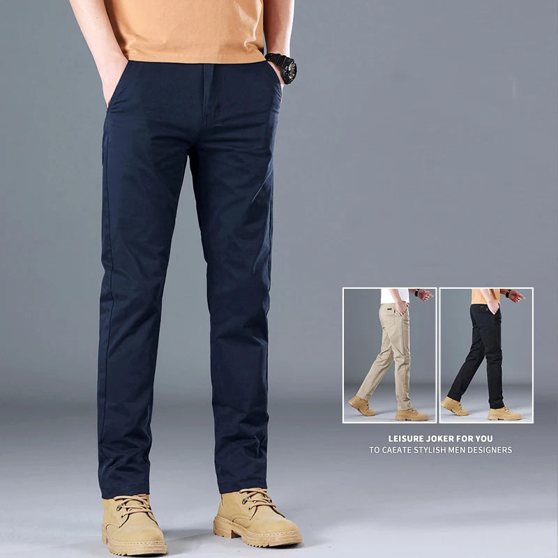 Men's High Quality Pure Cotton Classic Solid Color Casual Pants Business Stretch Slim Straight Brand Trousers Male Autumn New