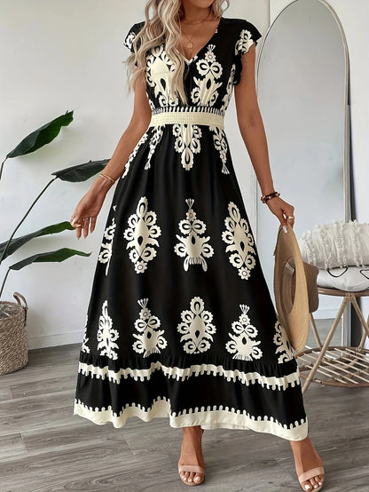 Plus size feminino elegante decote em v maxi vestido padrão geométrico manga curta saia plissada poliéster casual passeio