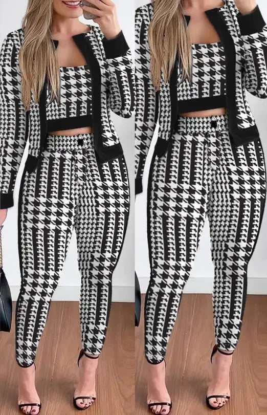 Two Piece Set Women Outfit Spring Fashion Plaid Print Contrast Paneled Open Front Long Sleeve Coat & Elegant Skinny Pants Set