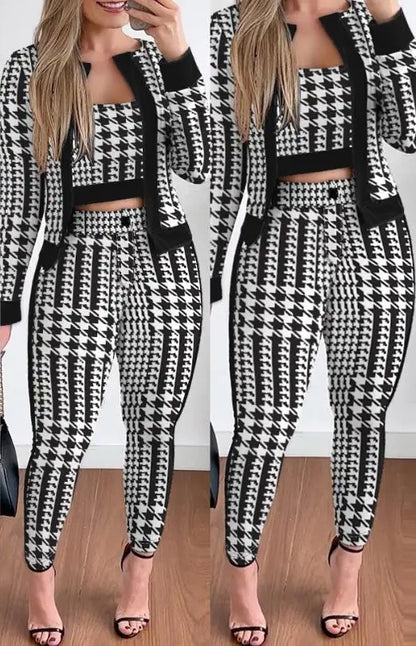 Two Piece Set Women Outfit Spring Fashion Plaid Print Contrast Paneled Open Front Long Sleeve Coat & Elegant Skinny Pants Set