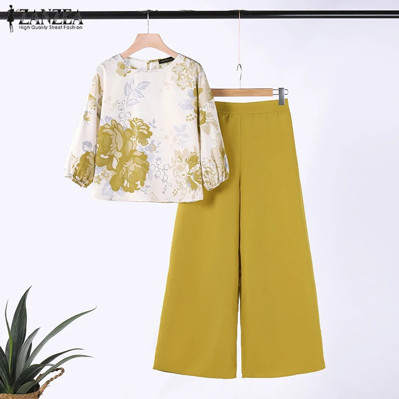 ZANZEA - Conjunto de 2 piezas de chándal para mujer, pantalones de primavera, blusa de manga 3/4, pantalones de pierna ancha, traje informal, conjunto estampado a juego