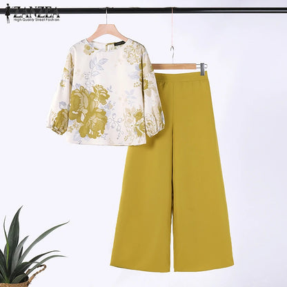 ZANZEA - Conjunto de 2 piezas de chándal para mujer, pantalones de primavera, blusa de manga 3/4, pantalones de pierna ancha, traje informal, conjunto estampado a juego