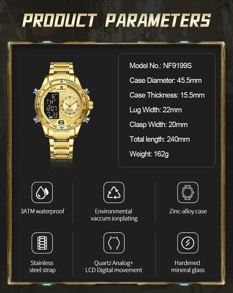 NAVIFORCE Luxury Quartz Watch for Men Honeycomb Dial Design Stainless Steel Wristwatch Dual Display Digital Watches Male Clock