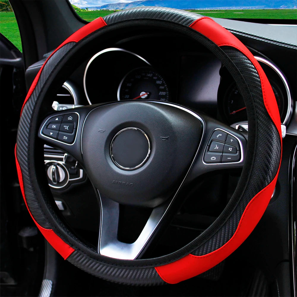 PU Carbon Fiber Leather Car Steering Wheel Cover without Inner Ring Suitable for 14.5-15 Inches Auto Supplies
