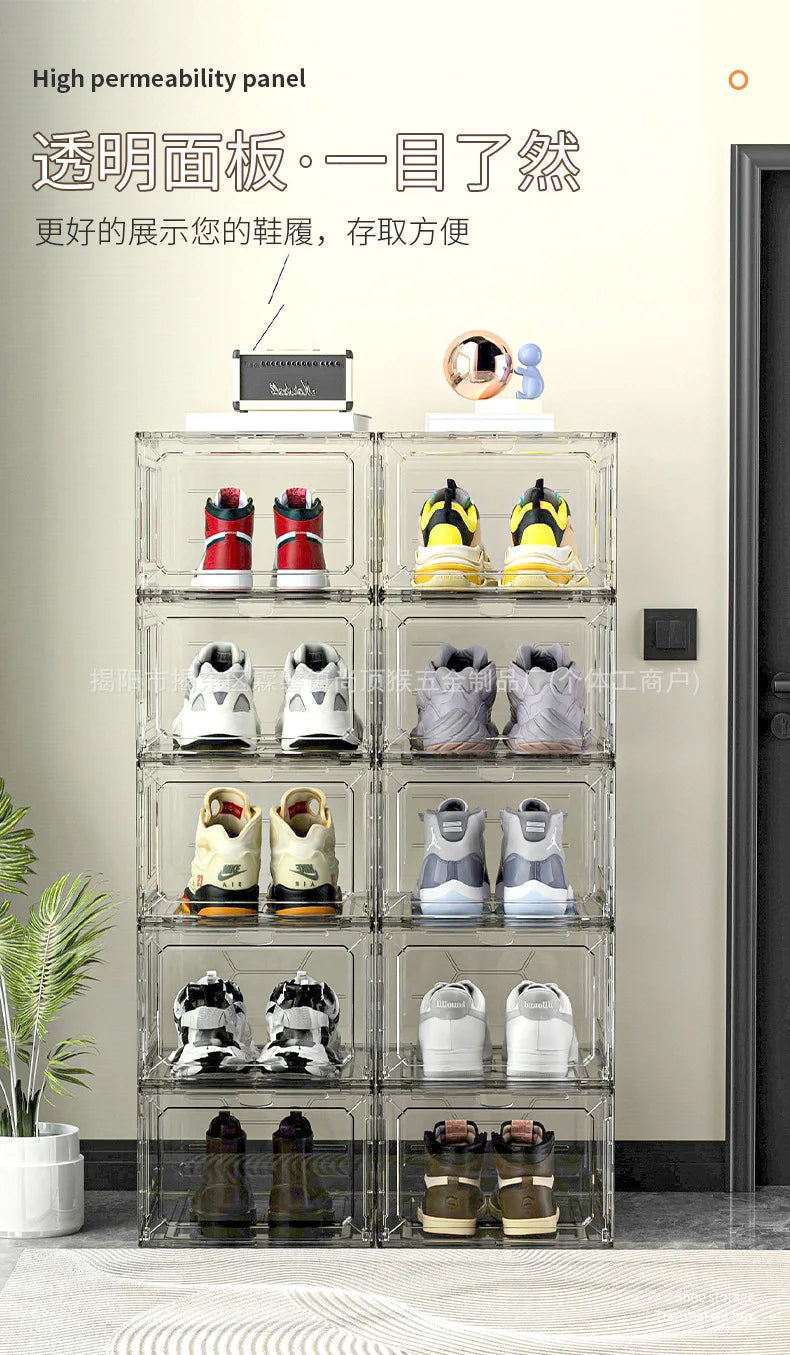 Caja de zapatos transparente, puerta con succión magnética, caja de almacenamiento de plástico grueso, caja de almacenamiento de zapatos desmontable a prueba de polvo