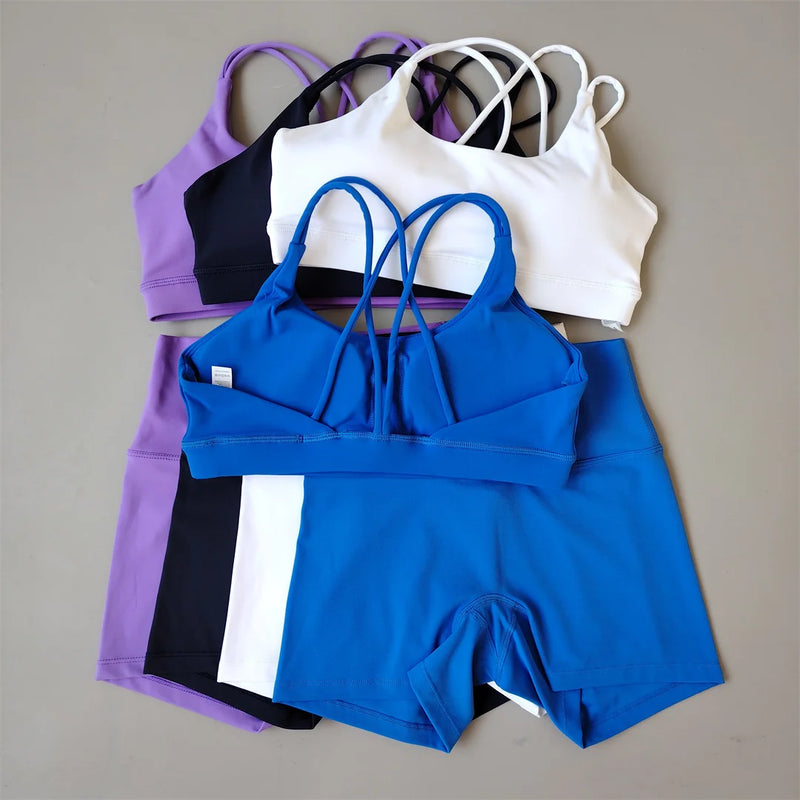 Women Gym Suit Yoga Clothes Shorts Leggings+ Bra 2-Piece Set Running Exercise Fitness Sportswear High Waist Cross Beautiful Back