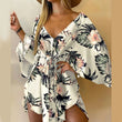 Women Print Dress Sexy V-Neck Bat Sleeve Ruffl Flowers Print Bohemian Beach Sundress Ladies Loose Summer Vacation Mini Dresses
