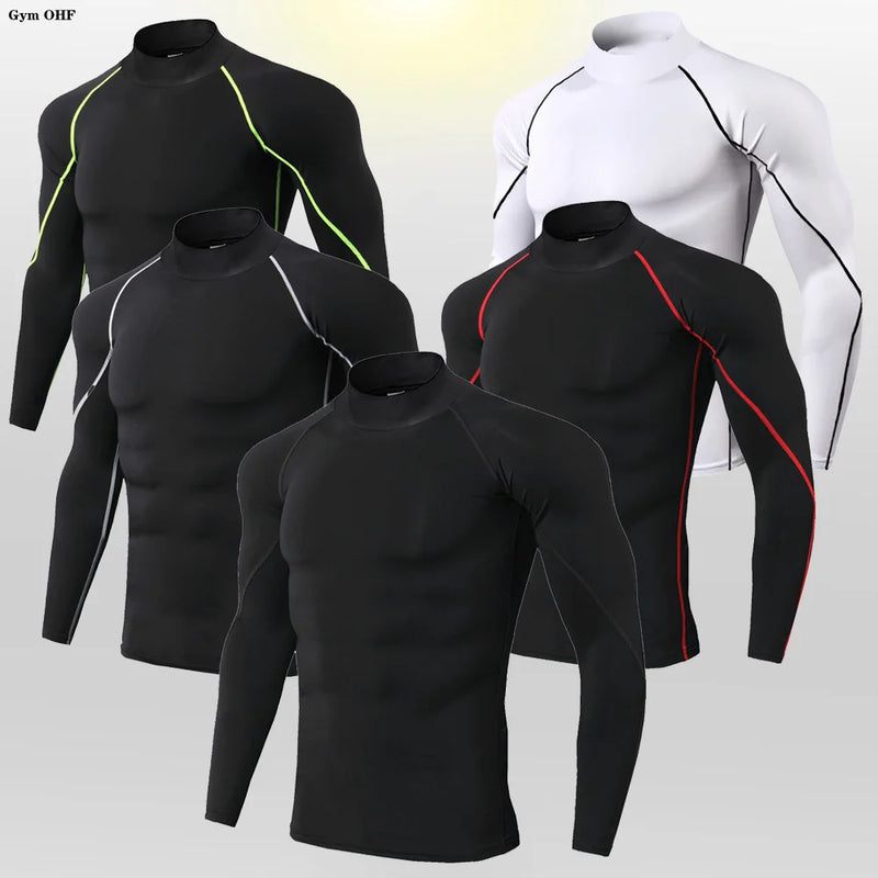 Novas camisetas esportivas masculinas de pescoço alto ginásio rápido fitness correndo compressão topos casual ao ar livre camisa masculina roupas de proteção solar