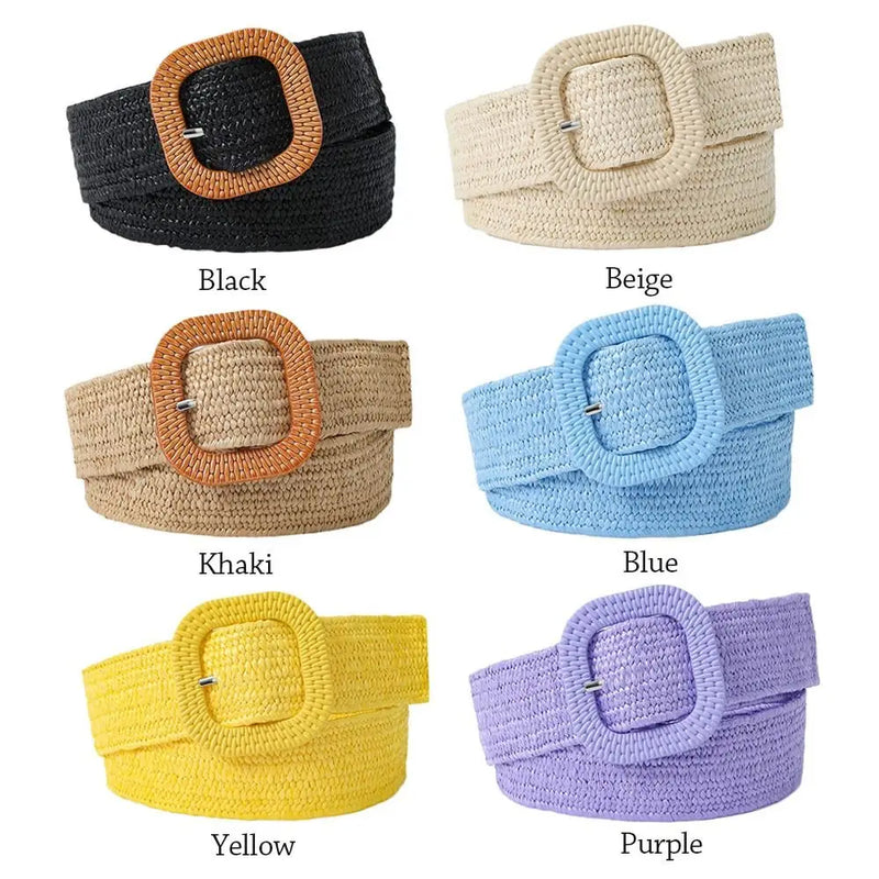 Bohemian Braided Belts for Women Summer Patchwork Straw Woven Belt Wide Waistband Fashion Female Square Buckle Waist Belt