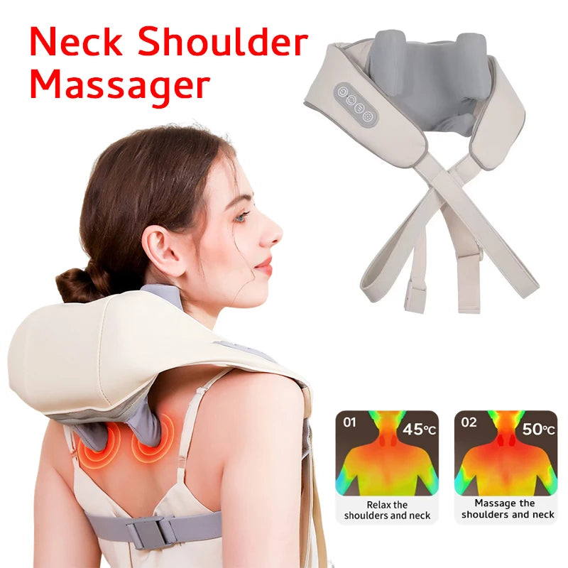 Masajeador Shiatsu de cuello y hombros con chal para amasar la columna vertebral y relajar los músculos de la espalda para uso en el coche y el hogar. Masaje trapecio de cuello y hombros.