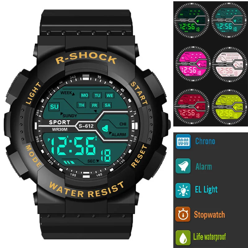 Relógio Masculino Esportivo para Atividades ao Ar Livre – Multifuncional, Tela Grande, LED, Eletrônico, À Prova d'Água, Luminoso, Digital e Estilo Militar