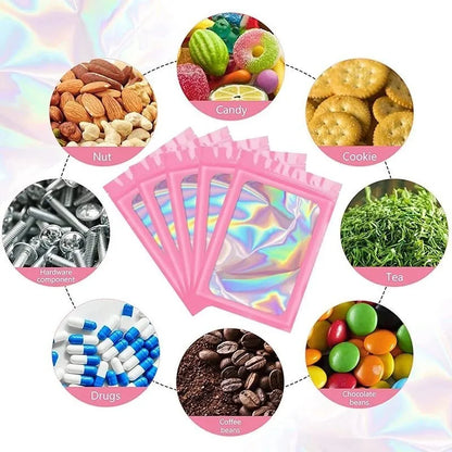 Bolsa de Embalagem Holográfica com Janela Clara para Alimentos, Translúcido, Cheiro à Prova, Mylar, Resealable, Odor Prova, 50Pcs