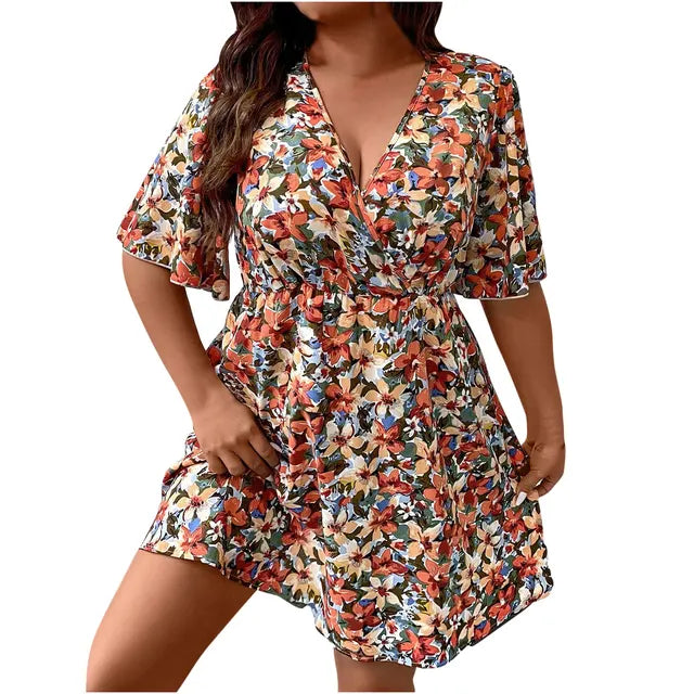 Vestido com decote em v grande feminino, vestido solto estampado, estampa floral, manga curta, moda elegante, tamanho grande, primavera, verão