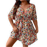 Vestido com decote em v grande feminino, vestido solto estampado, estampa floral, manga curta, moda elegante, tamanho grande, primavera, verão