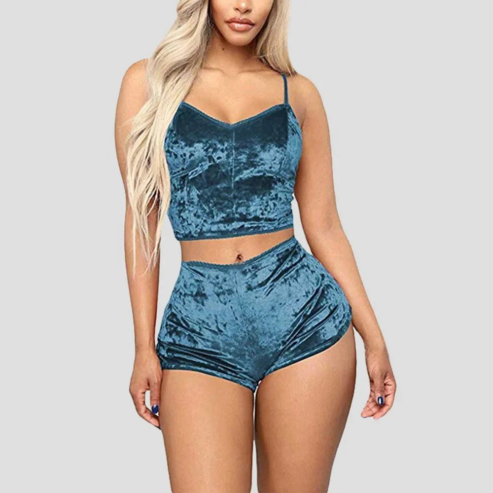 Women's Velvet Sleeveless V-neck Underwear Polyester Set Camisole+Shorts Pajamas Set Comfortable Home Clothes Top Pants