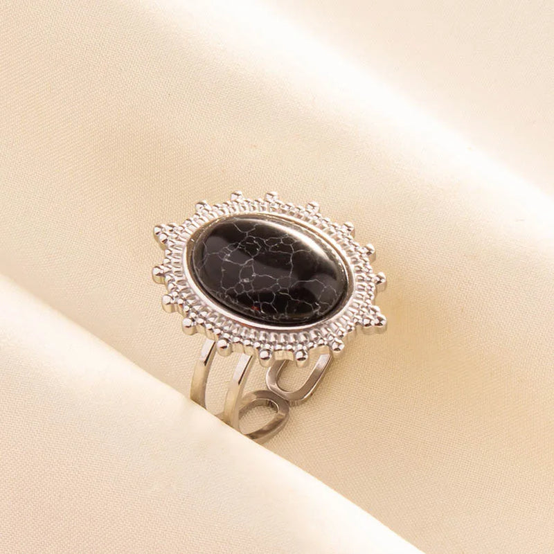 1pc Boho Turquoise Ring Stainless Steel Black Stone Silver Color Adjustable Ring Women Ethnic Ring Bohemian Jewelry Gift No Fade