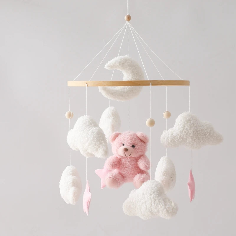 Baby Crib Mobile Rattle Toy Wooden Bed Bell Mobile Hanging Teddy Velvet Bear Doll Toy Newborn Music Box Crib Mobile Bracket Gift