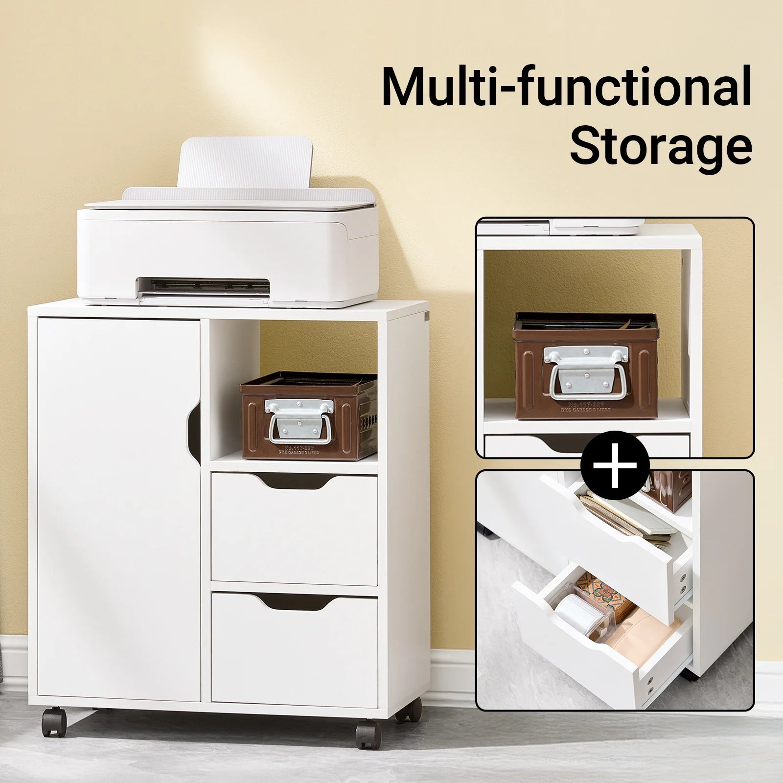 SoBuy FBT105-W printer table with 2 drawers and 1 door files wardrobe roll container office cart side trolley office container White