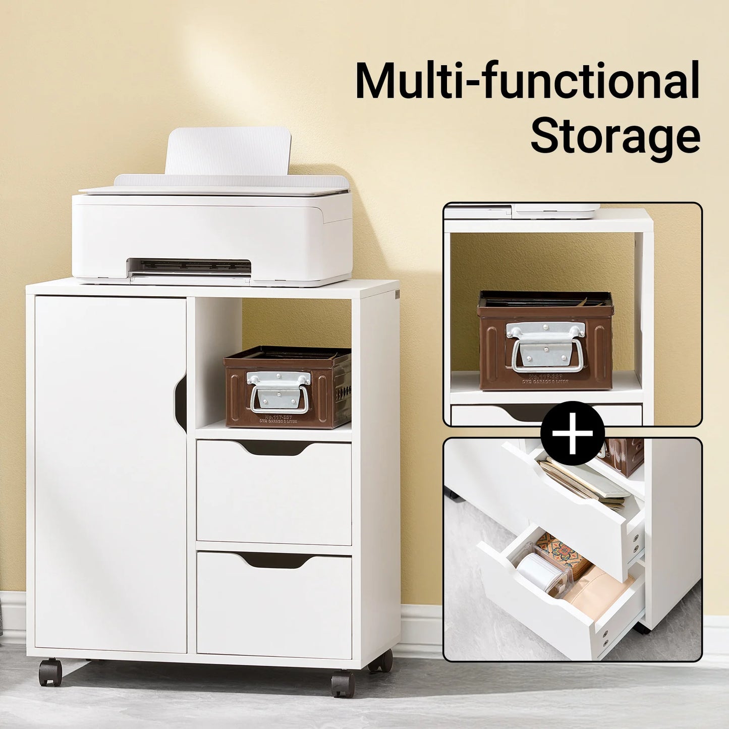 SoBuy FBT105-W printer table with 2 drawers and 1 door files wardrobe roll container office cart side trolley office container White