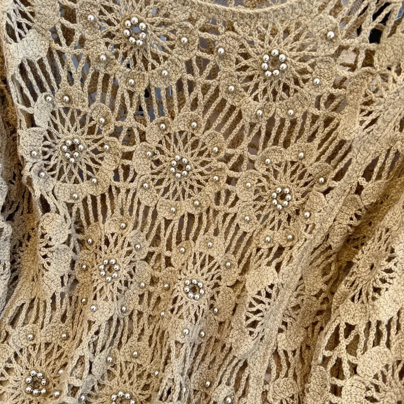 Casual Long Sleeve Elegant cardigan Beading O-neck Chic Vintage Hook Flower Hollow Out Top Plus Size Clothing