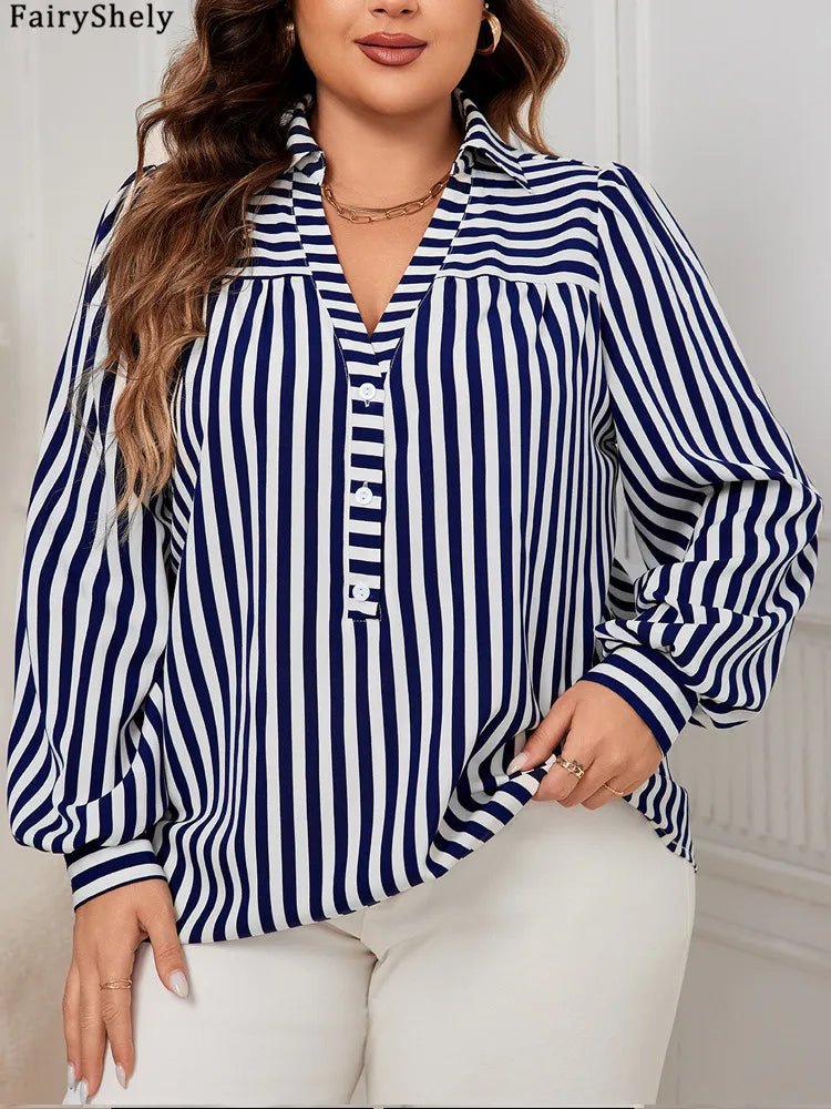 Fairyshely Spring Woman Stripe Print Plus Size Shirt Lady Long Sleeve Large T-shirt Autumn Elegant Loose Curvy Pullover Tops