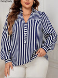 Fairyshely Spring Woman Stripe Print Plus Size Shirt Lady Long Sleeve Large T-shirt Autumn Elegant Loose Curvy Pullover Tops