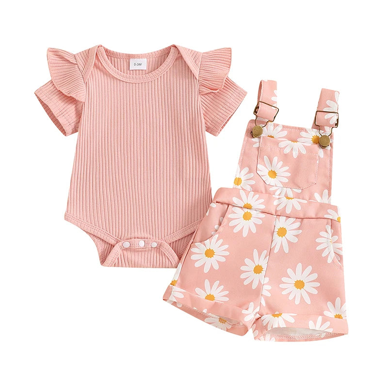 Pudcoco Infant Baby Girls Shorts Set, Short Sleeve Romper with Flower Print Suspender Shorts Summer Outfit 0-18M