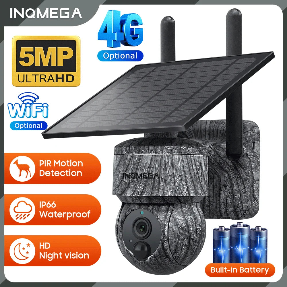INQMEGA 5MP 4MP WIFI Wireless PTZ Solar Camera 4G SIM With Solar Panel Two Way Audio Security Protection CCTV Camera Battery Cam