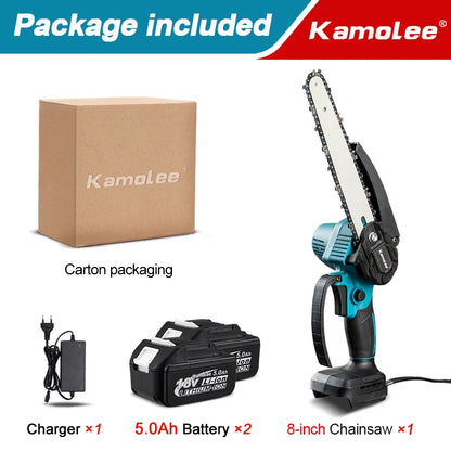Kamolee serra elétrica sem escova, 8 espaços, mini motosserra, cortador de madeira, ferramenta elétrica de poda de jardim para makita, bateria de 18v
